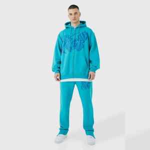 Puff Print 100% Cotton Fleece Chándales Pantalón Acampanado y cremallera Sudadera con capucha Conjunto de chándal de 2 piezas Estilo callejero para hombre Traje de pantalón con estacas - Product Image 3