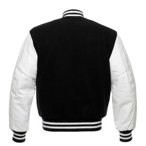 University Letterman Varsity Jacket Vestes en laine noire Manches en cuir véritable Blouson bombardier blanc CollegeBaseballjacket pour hommes - Product Image 2