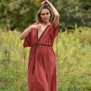 Vestido Alto y Bajo de moda al por mayor para mujer, Vestido largo de maternidad bohemio flameado de algodón con cuello en V para mujer