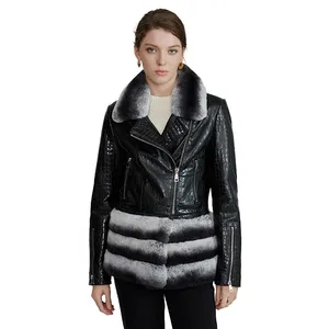 New Design Ladies Black Crocodile Pattern Genuine Sheepskin Leather Jacket with Detachable Rex Rabbit Fur Collar Hem