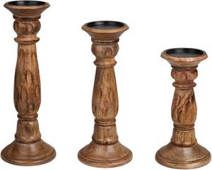 Juego de 3 Portavelas de Madera, Madera de Mango Tallada a Mano con Diseño Elegante, Tallado Único Vintage, Decoración del Hogar, Pilar y Portavelas - Product Image 2