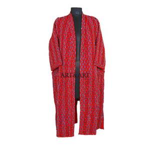 Peignoir Kimono Matelassé Multi-Kantha en Coton 100% Rouge, Fait Main et Cousu à la Main, Motif Floral Patchwork Élégant, Printemps-Été - Product Image 1