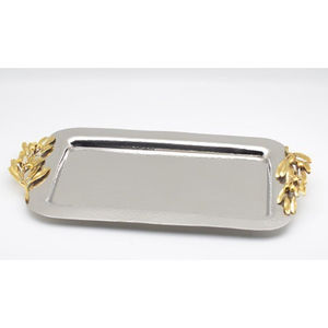 Fabuleux plateau de service rectangulaire en métal avec poignées de branche d'olivier en feuille d'or vaisselle élégante plateau de service alimentaire excellent prix - Product Image 1