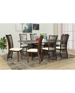 Italian Art 8 Seater Marble Dining <b>Table</b> Set | Dark Walnut Solid Wood Chairs | Luxury Family Dining Room Furniture Set - Product Image 3