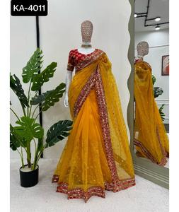 Saree en soie d'organza lourd de port de festival de mariage indien avec Sequnce avec le travail de fil et le chemisier de travail de Sequnce de soie de Mono Benglori - Product Image 1