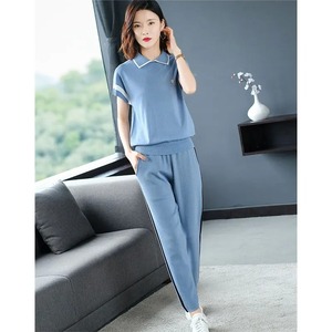 Chándal de algodón 100% transpirable a prueba de viento impermeable de punto de seda helada para mujer, ropa deportiva informal de invierno, conjunto de dos piezas de manga corta - Product Image 3