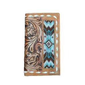 Cartera de Cuero Genuino para Hombre, Estilo Bohemio Occidental Vintage, con Estampado Animal Hecho a Mano, Logotipo con Cuentas Talladas, Protección RFID, Cierre a Presión, para Invierno - Product Image 1