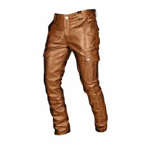 Promoción, modelo más nuevo, pantalones ajustados rectos oscuros de cuero genuino, ropa informal transpirable de alta calidad personalizada - Product Image 1