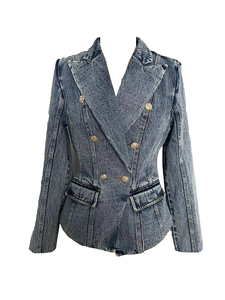 Blazer recortado de mezclilla vintage de moda con hombreras integradas adornadas con botones de metal brillante - Product Image 3