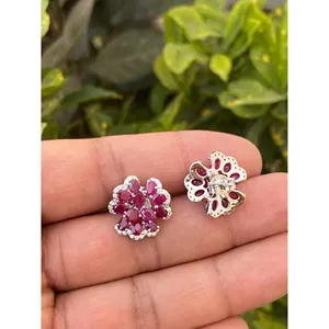 925 <b>Silver</b> Natural Ruby Floral <b>Stud</b> Earrings Elegant Flower Pattern for Weddings - Product Image 2