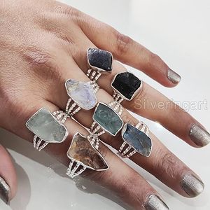 Anillo de Piedras Preciosas en Bruto para Mujer, Esmeralda Natural, Zafiro, Tanzanita, Herkimer, Joyería de Plata de Ley 925 - Product Image 4