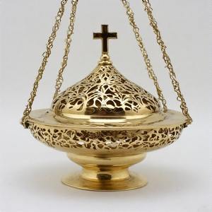 GraceRise Encensoir en métal orné de fumée divine Brûleur d'encens d'église traditionnelle avec chaîne en laiton poli vintage - Product Image 1