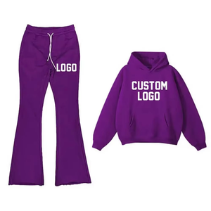 Logo personnalisé Survêtement unisexe Ensemble deux pièces à capuche et pantalon évasé Streetwear tenue de sport pour hommes et femmes - Product Image 3