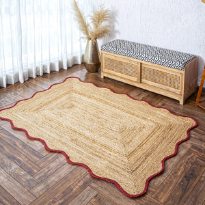 Prix de gros Tapis de jute rouge fait main avec bordure ondulée festonnée Tapis de jute pour le salon Motif festonné Usage quotidien - Product Image 1