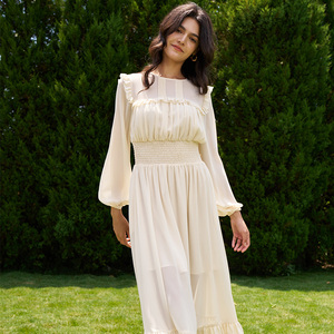 Abito <span class=keywords><strong>Boho</strong></span> <span class=keywords><strong>Chic</strong></span> 2026 con Maniche Lunghe, Collo Tondo, Vita Alta Arricciata e Pizzo, <span class=keywords><strong>Vestito</strong></span> Midi Bohémien per Donne - Product Image 4