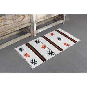 Tapis turc vintage, petit tapis de 1,7 x 3,2 pi (51 x 99 cm), tapis en laine à carreaux blancs - Product Image 1