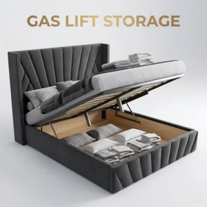 Letto matrimoniale moderno in tessuto vellutato imbottito con contenitore a gas e funzione ottomana - Product Image 3