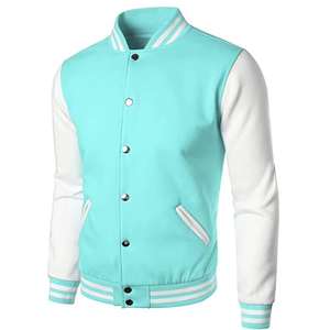 Blouson bomber universitaire bleu menthe, manches blanches, col montant, style baseball, bouton, bordure côtelée, option logo personnalisé, décontracté - Product Image 4