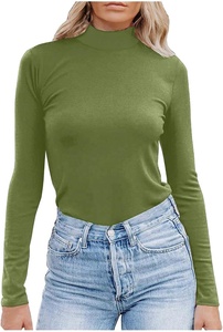 Camiseta de cuello alto de manga larga para mujer de alta calidad 100% algodón OEM Bangladesh Factory Camiseta de cuello alto para mujer - Product Image 2