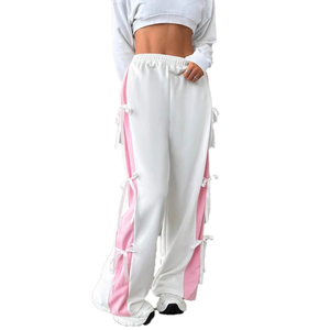 Hot Selling Spring Autumn Loose Plain Dyed <b>Women's</b> Casual <b>White</b> Sports Pants <b>Elastic</b> <b>Waist</b> Bow Detail Contrast Stripes - Product Image 5