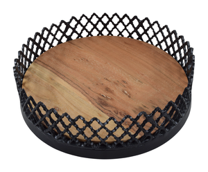 Plateau de service rond en bois avec bord en treillis métallique noir - Product Image 1