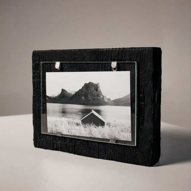 Handmade Eco-Friendly Burnt Wood Photo Frame Charred Reclaimed Timber Floating Glass Rustic Minimalist Modern Art Holder Wall