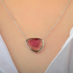 Collar de turmalina de sandía de oro sólido de 14K Natural, collar con colgante de joyería minimalista producible en 10K/18K - Product Image 5