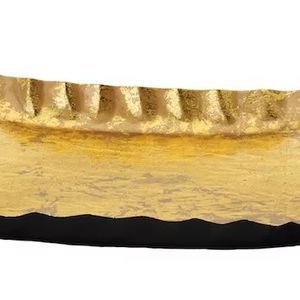 Plateau en métal doré vieilli avec bord ondulé et poignées | Plateau de service antique - Product Image 1