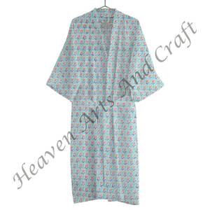 Flower Hand Block Printed Cotton Kimono Bathrobe Women Summer Wear Gown Beachwear Swimwear Wrap - Product Image 6