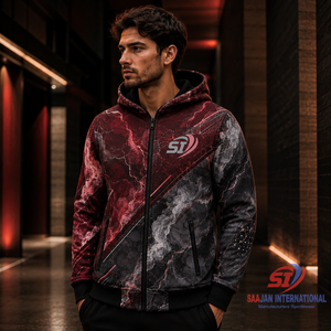 Sweat à capuche zippé intégral bordeaux pour homme avec logo personnalisé sur le devant, poches, motif 3D, 100 % coton, coupe-vent, anti-boulochage, hiver - Product Image 5
