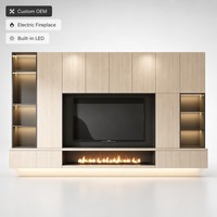 Meuble TV mural multifonctionnel en bois clair moderne avec bibliothèque LED et cheminée électrique, console multimédia pour salon, compatible avec téléviseurs de 60 à 64 pouces, idéal pour chambre à coucher