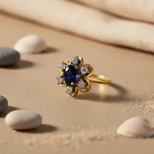 Bague florale romantique pour femme avec saphir et diamant, plaqué or jaune et rhodium, bijoux fins, technologie de sertissage élégante - Product Image 2