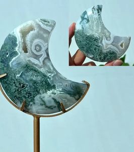 Luna de ágata musgo natural con cristal de soporte con soporte - Product Image 1