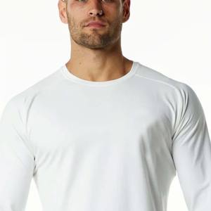 Camiseta blanca de manga larga ajustada para hombre: Corte de manga de sillín, ajuste cónico, cuello redondo, dobladillo redondo, 94% algodón, 6% Spandex - Product Image 5