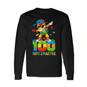 Maglietta a Maniche Lunghe per Ragazzi '100 Giorni di Scuola' con Design di Blocchi e Mattoncini, T-Shirt Promozionale per Bambini - Product Image 3