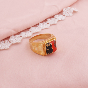 Joyería personalizable, anillo turquesa de cobre naranja y negro Mohave, anillo otomano de banda de diseñador bordado con forma cuadrada chapada en oro - Product Image 1