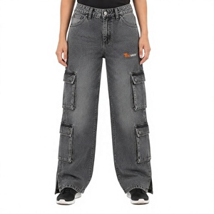 Jeans cargo en denim pour femmes, personnalisés, style vintage délavé, taille haute, coupe ample, jambe large, mode streetwear, vente en gros - Product Image 1