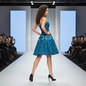 Robe bustier en satin noir avec baleines en acier, décolleté cœur, et corset en dentelle bleue, mini-robe de soirée - Product Image 5