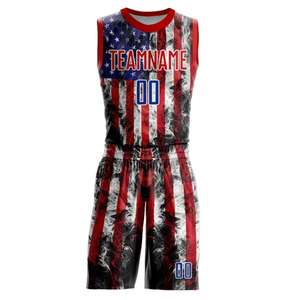Ensemble de vêtements de sport à rayures de drapeau américain pour les jeunes, maillot de basket-ball à col rond, short personnalisé sublimé pour l'équipe - Product Image 2
