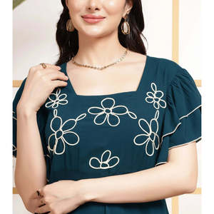Deebaco Women's A-Line Teal Viscose Maxi <b>Dress</b> With White Floral Embroidery Ruffle Sleeves Scoop Neck Boho <b>Loose</b> Fit Summer - Product Image 2
