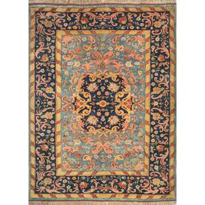 Tapis en laine noués à la main Aalam Blue Pae-5368, rectangulaires, style Jaipur, motif médaillon américain, patchwork abstrait pour couloir, idéal pour voiture - Product Image 1