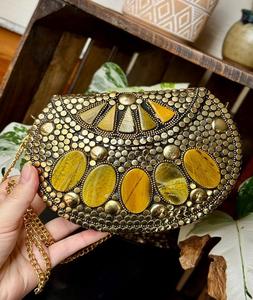 Elegant Mosaic Metal Firoza <b>Clutch</b> <b>Bag</b> with Mother of Pearl Stone Handmade Antique Ethnic Design with Metal Chain - Product Image 2
