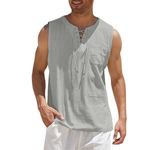 Men's <b>Oversized</b> Summer Tank <b>Top</b> O-Neck Sleeveless <b>Vest</b> with Lace Decoration 100% Cotton Breathable Knitted Fabric - Product Image 2