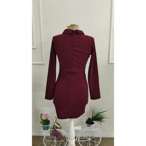 Kadin Uzun Kollu Yakali <b>Kravatli</b> Kisa Ithal Krep Elbise, 38440 - Bordo - Product Image 5