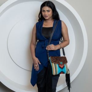 Manta de sillín con estampado de lana turquesa y flores, bandolera con flecos occidentales, bolso de cuero de vaca, monedero de piedra turquesa para mujer - Product Image 2