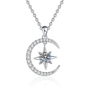 Collar de Plata de Ley S925 con Diamante Moissanita, Colgante de Luna y Estrella, Regalo de Lujo, Versión Coreana, Corte Brillante de 0.5 CT - Product Image 4
