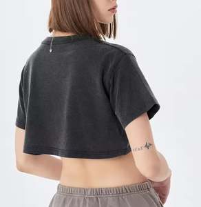 Camiseta corta de algodón peinado con logotipo personalizado para mujer, camisetas sueltas de gran tamaño con lavado ácido - Product Image 6