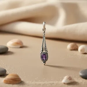 Pendentif en argent 925 avec améthyste en forme de larme pour femmes, plaqué or, style religieux, cadeau, breloques numérotées, principalement en pierre précieuse naturelle et alliage - Product Image 3