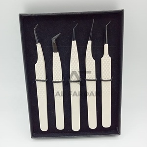 Pinzas para pestañas al por mayor, color crema con punta negra, pinzas para pestañas de acero inoxidable japonés, cajas de cartón para 5 piezas - Product Image 2