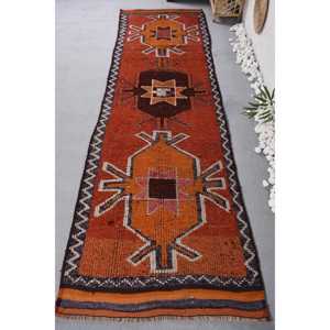 Tapis Vintage Bohème Rouge Orange Turc 3.1 X 10.4ft Laine Matériel Latex Support pour Entrée Chevet Rectangulaire Patchwork - Product Image 1
